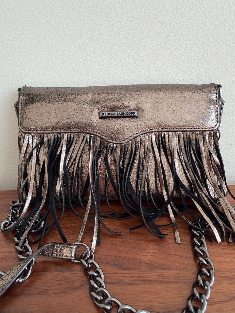 Rebecca Minkoff Metallic Bronze Fringe Crossbody Bag, Phone Case on a Chain